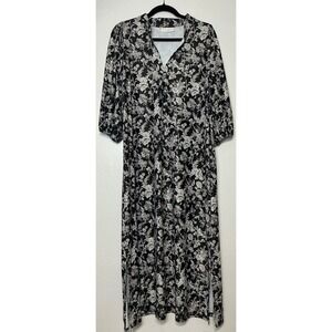 Smith & Quinn Black White Floral Midi Dress M V Neck Stretch Lagenlook Flowy
